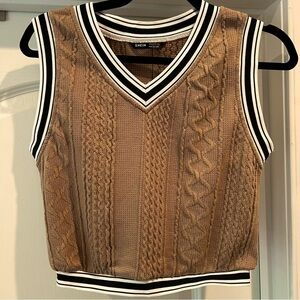 SHEIN preppy tan V-neck sweater vest size small black and white striped trim